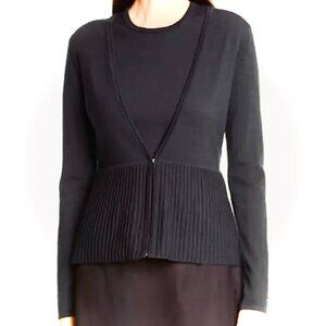 Boss Hugo Boss Fily Black Wool Blend‎ Deep V-Neck Ribbed Peplum Cardigan Sz L